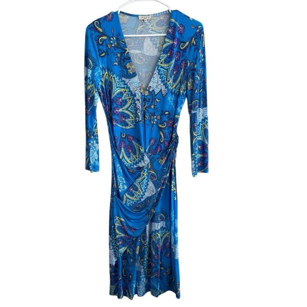 Etro Dress V Neck Plunge Blue Spa Spartaco 3 Size 48